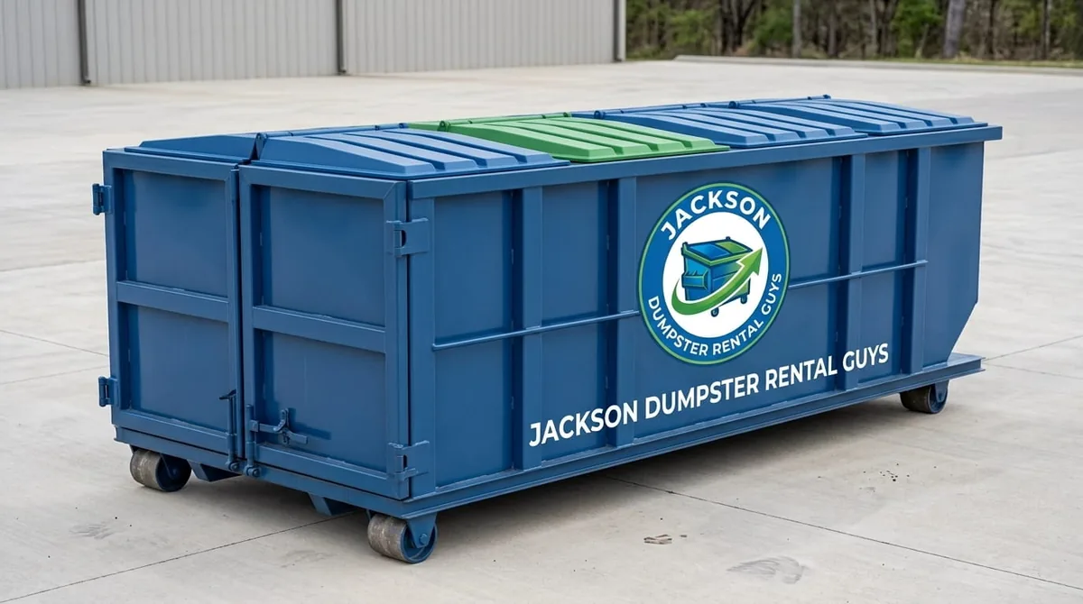 Jackson Dumpster Rental Guys crew beside a branded roll-off truck