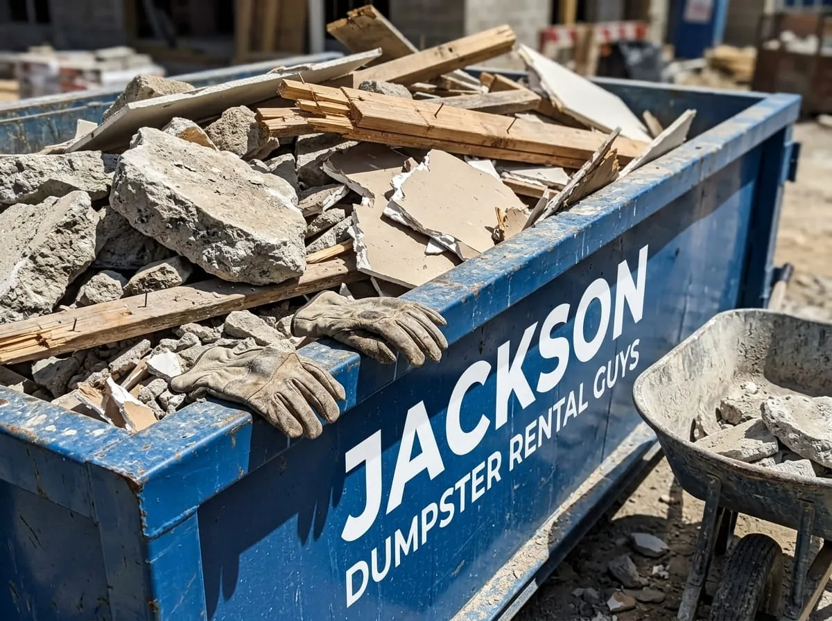 Roll-off dumpster with boards protecting an Jackson driveway